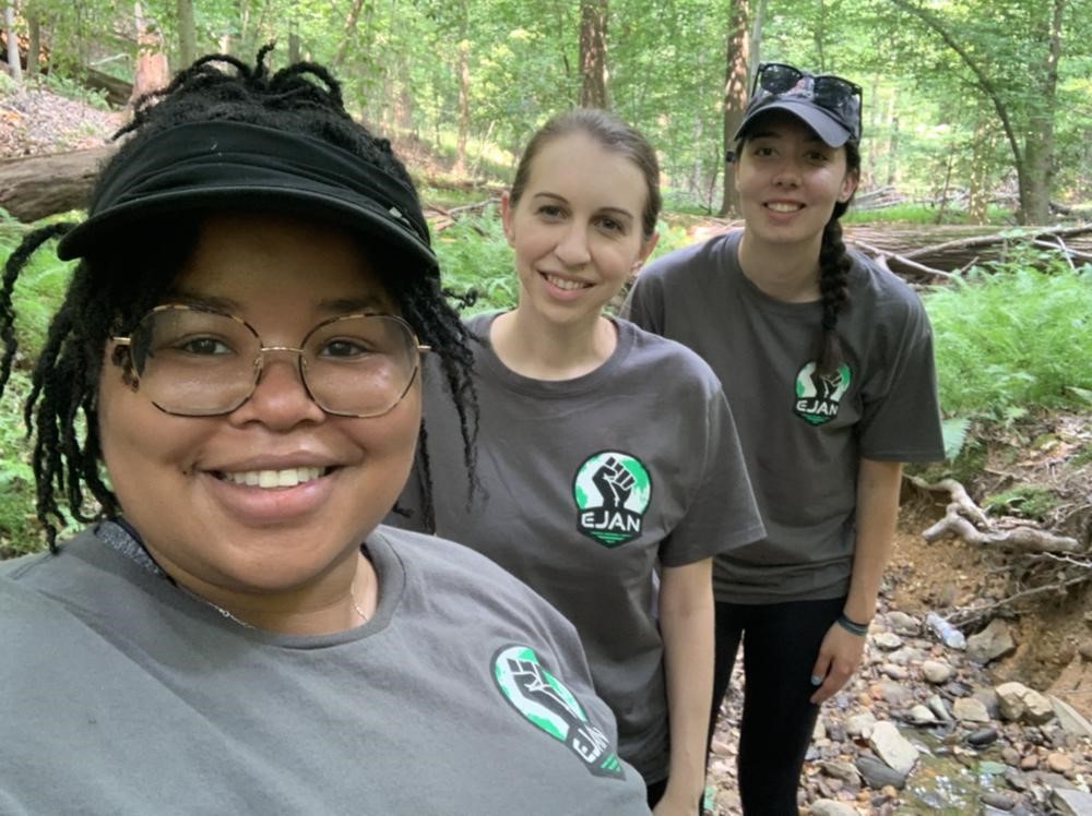 Three students collect water samples in the woods